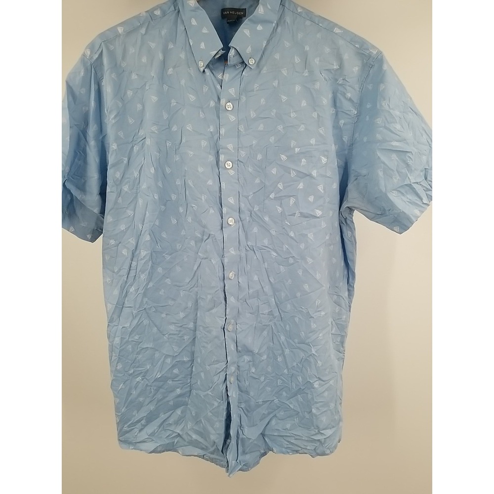 Van Heusen Mens Blue Sailboat Button Up Shirt XL 17-17.5 Short Sleeve Casual